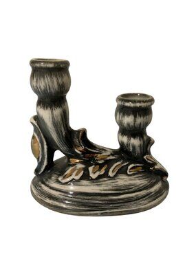 Vintage Ceramic Gray Ornate Two Stem Candle Candlestick Holder